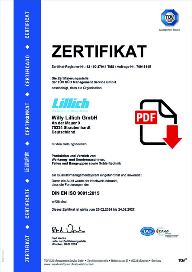 LILLICH der Präzisionsteile-Hersteller ist ein nach DIN EN ISO9001:2015 zertifiziertes Unternehmen